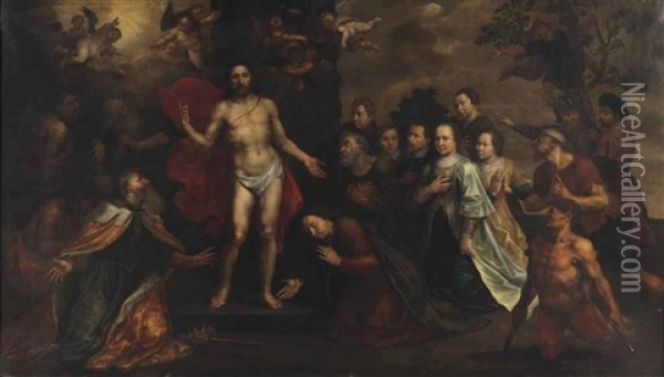The Apparition Of Christ With Saint Peter, James, John, Mary Magdalene, Johanna And Zacheus, With A Family Portrait Oil Painting - Marten Pepyn