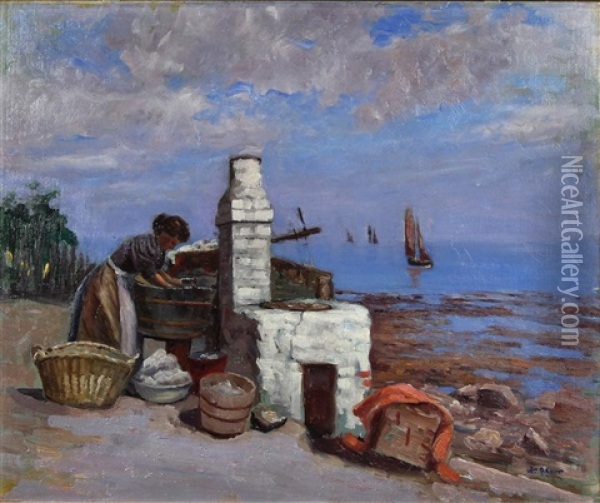 Washer Woman, Washing Abalone (old Monterey) Oil Painting - William C. Adam