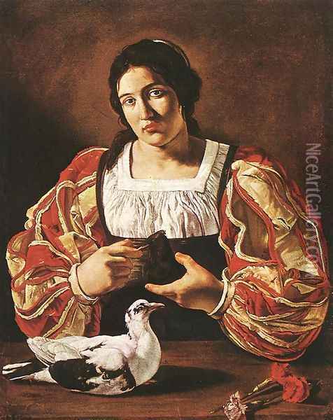 Woman with a Dove 1610s Oil Painting - Cecco Del Caravaggio