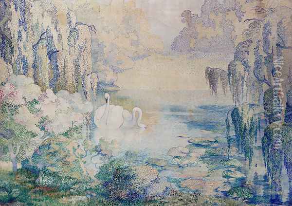 Swans On A Lake Oil Painting - Karl Schneider
