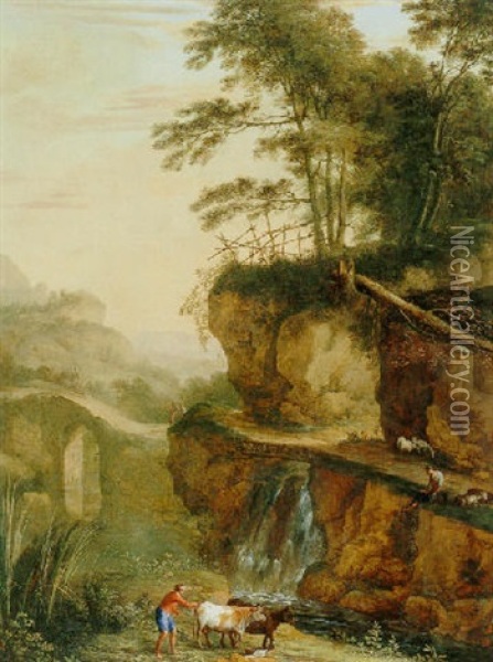Landscape With A Waterfall, A Herdsman With Cows, Sheep And A Goat Oil Painting - Laurent de (LaHyre) LaHire
