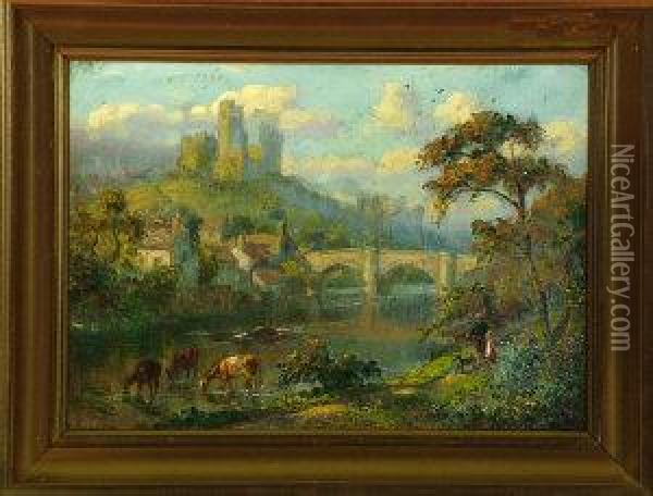 Richmond Castle With Figures Walking A Dog On A Path In The Foreground Oil Painting - William Irving