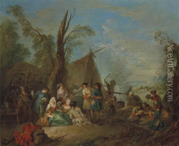 Soldiers And Vivandieres Cooking And Resting Around A Campfire, A Wagon And A Tent Beyond Oil Painting - Jean-Baptiste Pater