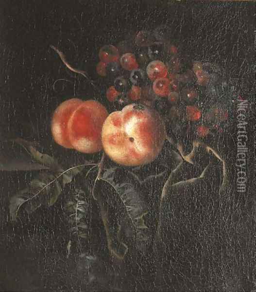 Peaches and grapes with a fly on a draped ledge Oil Painting - Ernst Stuven