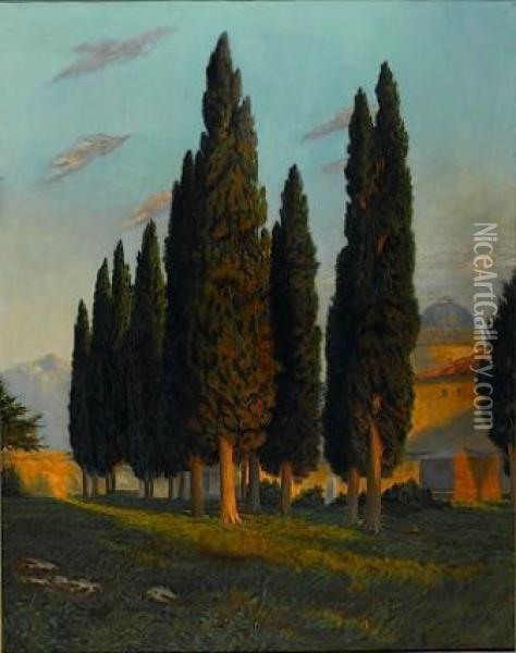 Cypress In A Landscape Oil Painting - Georg Macco
