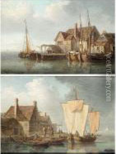 Quayside Scenes With Dutch Barges Oil Painting - William Anderson