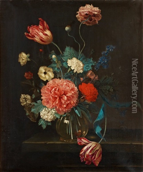 Still Life With Tulips, Peonies And Carnation Oil Painting - Hendrik de Fromantiou