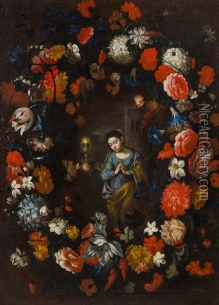 Blumenkartusche Mit Der Hl. Barbara Oil Painting - Giovanni Stanchi