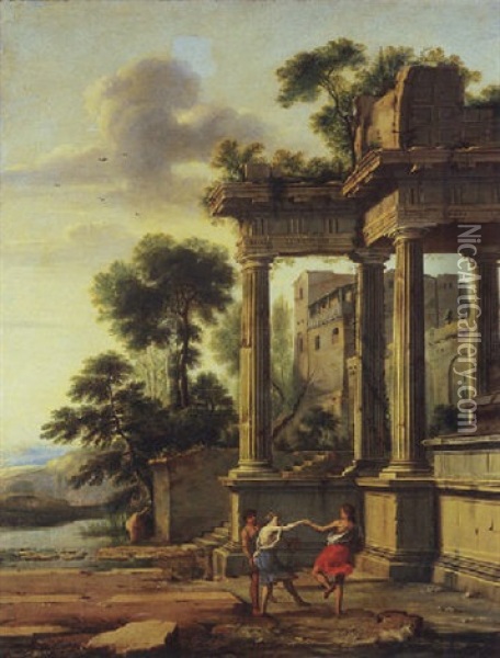 A Capriccio Of Classical Ruins With Figures Dancing In The Foreground Oil Painting - Pierre Antoine Patel