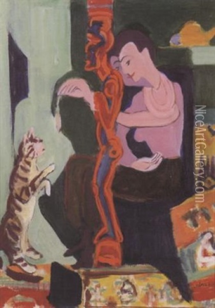 Frau Mit Katze Und Holzfigur Oil Painting - Ernst Ludwig Kirchner