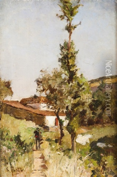 Landscape With Houses And Figure Oil Painting - Silva Porto