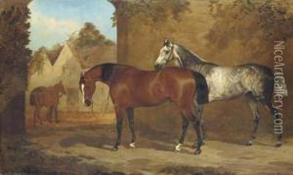 A Bay And A Grey Hunter In A Courtyard, With A Groom Leadinganother Horse To A Stable Oil Painting - Henry Barraud