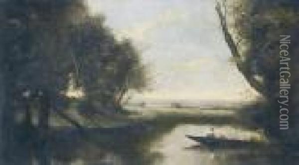 Flusslandschaft Mit Boot. Oil Painting - Jean-Baptiste-Camille Corot