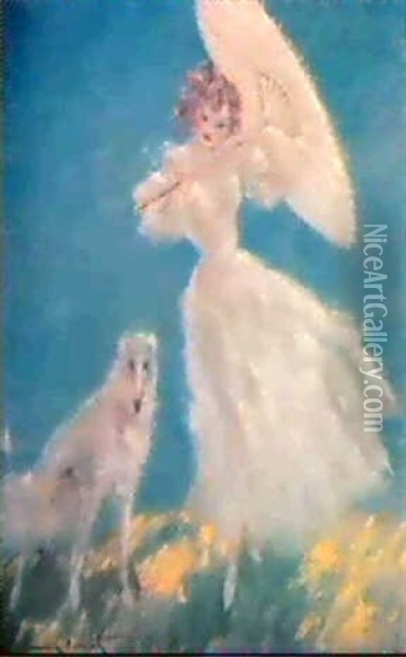 L'heure Du Bain Depicting A Young Woman In                  Flowing, Diaphanous Dress Holding A Parasol & Attendant Oil Painting - Louis Icart