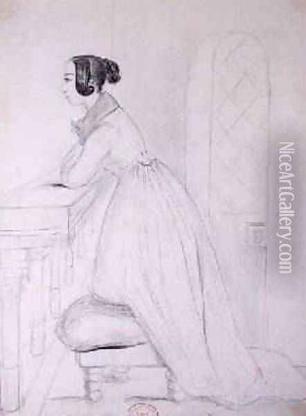George Sand 1804-76 kneeling on a pouffe and with her elbows on a balustrade 1833 Oil Painting - Alfred de Musset