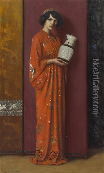 Dame In Chinesischem Gewand Mit Vase Oil Painting - George Von Hoesslin