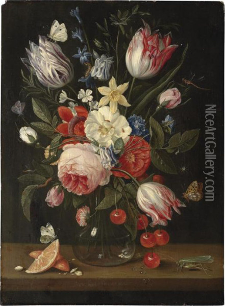 Tulips, Peonies, Cornflowers, 
Roses And Other Flowers In A Glassvase With Cherries And Orange Segments
 On A Wooden Ledge Andbutterflies, Grasshoppers, Spiders And Dragonflies Oil Painting - Jan van Kessel