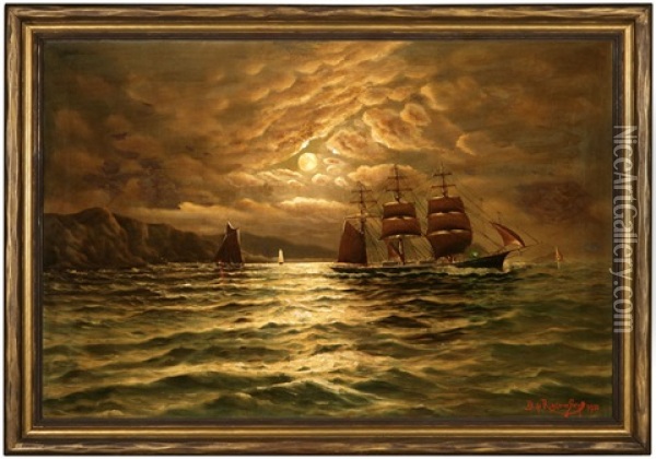 Sailing Ships In The Moonlight Oil Painting - Richard Dey de Ribcowsky