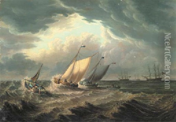 Dutch Fishing Boats Off The Coast With Other Shipping In The Distance Oil Painting - Thomas A. Binks