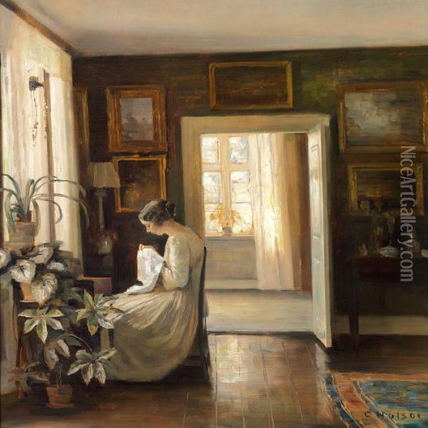 Interior With The Artist's Wife Sitting At The Window Oil Painting - Carl Vilhelm Holsoe
