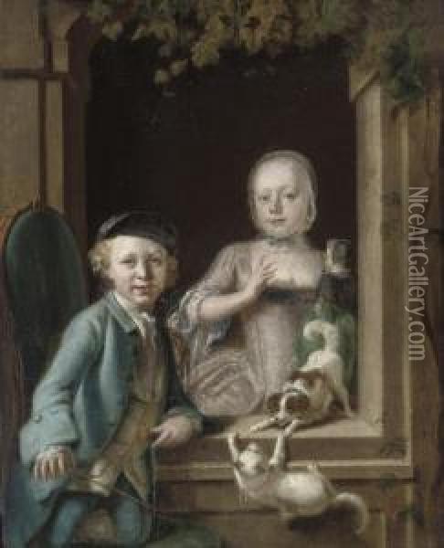 A Boy And A Girl At A Window, With A Cat And A Dog Oil Painting - Cornelis Troost