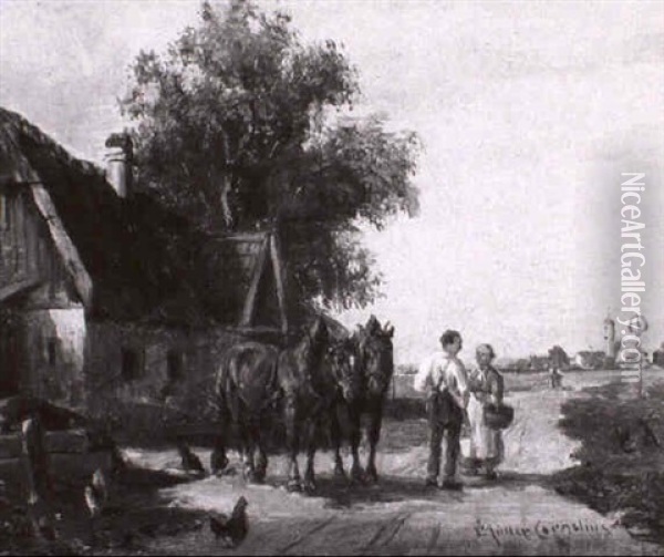 Bauernpaar Und Pferde Auf Der Landstrase Vor Dem Gehoft Oil Painting - Ludwig Mueller-Cornelius