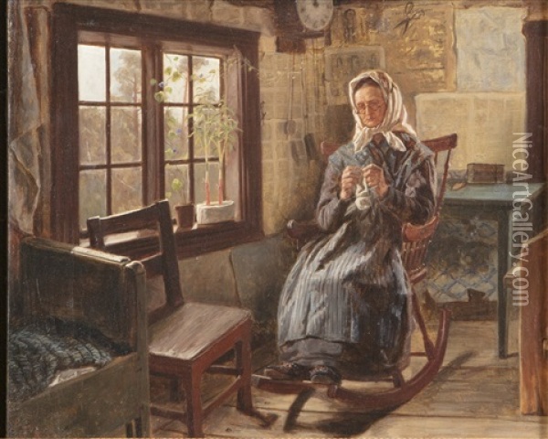 Knitting Woman Oil Painting - Fredrik Ahlstedt