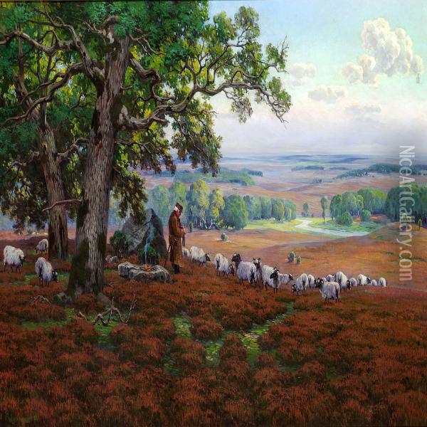 Vast Landscape With A Shepherd Knitting Under Largeoaks Oil Painting - Arnold E. Lyongrun