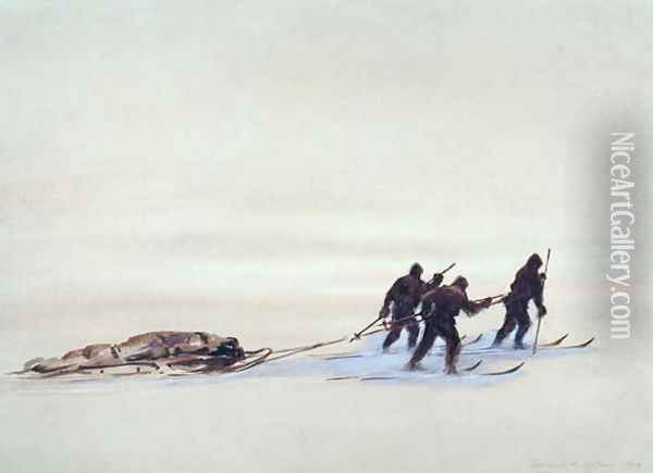 Sledge Hauling on the Great Ice Barrier, 1903 Oil Painting - Edward Adrian Wilson