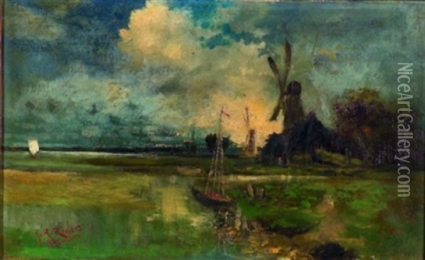 Landscape With Windmill Oil Painting - Heinrich Richard Reder