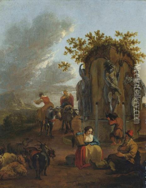 Shepherds And Their Flock At Rest In A Landscape, With A Classical Fountain Oil Painting - Adam Colonia
