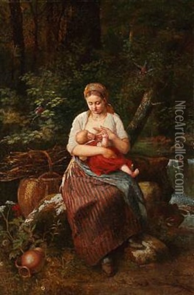Woodland Scene With A Young Mother Breast-feeding Her Child Oil Painting - Louis Katzenstein