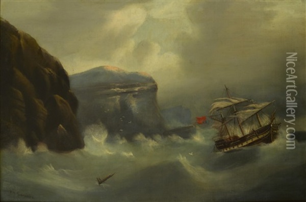 A British Ship In Distress Off A Rocky Coast Oil Painting - Edward King Redmore