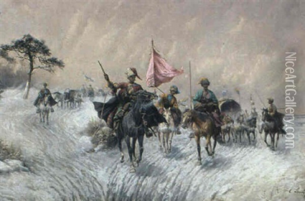 Mongolischer Reiterhaufen In Winterlicher Steppenlandschaft Oil Painting - Adolf (Constantin) Baumgartner-Stoiloff