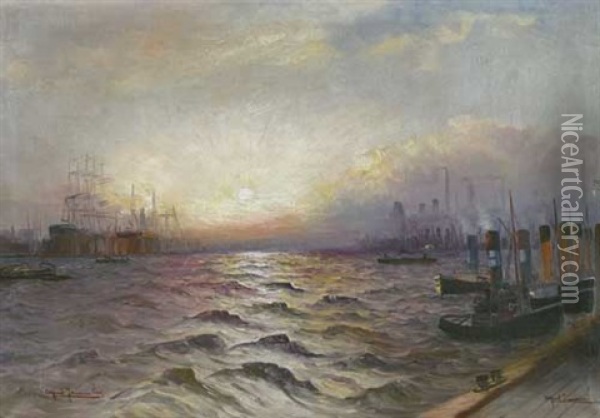 Hamburger Hafen Im Dammerlicht Oil Painting - Alfred Serenius Jensen