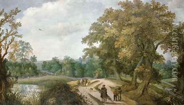 Peasants and travelers on a path, a village beyond Oil Painting - Willem Van Den Bundel
