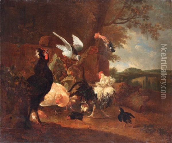 Hahne Und Anderes Geflugel Oil Painting - Melchior de Hondecoeter