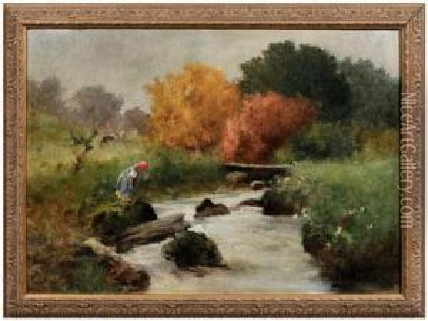 River Landscape With Girl In Red Kerchief Oil Painting - Antal Neogrady