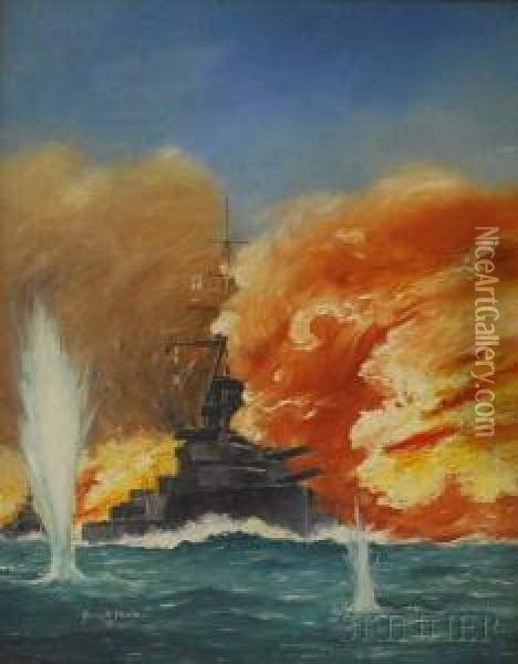Battleship Under Fire Oil Painting - Burnell Poole