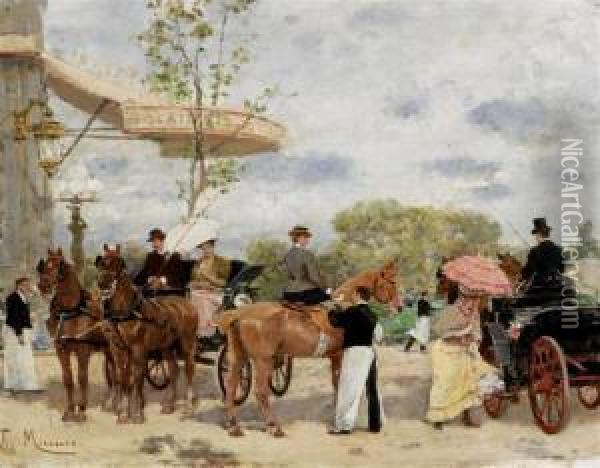 Street Scene With Coaches And Riders Before An Inn Oil Painting - Francisco Miralles Galup