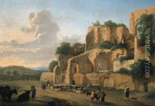 The Palatine Hill Seen From The Circus Maximus With Drovers,livestock And Other Figures Oil Painting - Hendrik Frans Van Lint