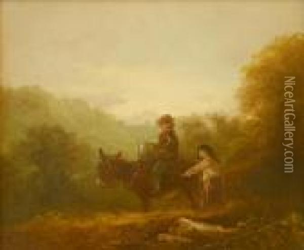 Children With A Donkey Oil Painting - John Joseph Barker Of Bath