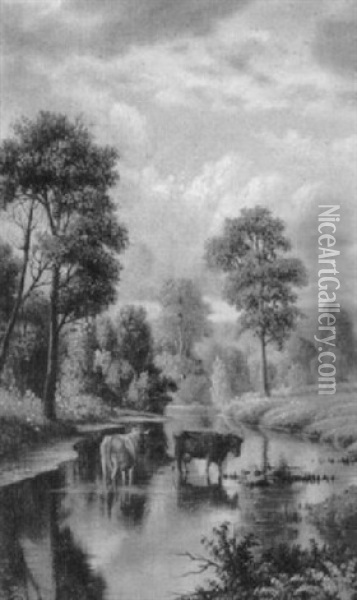 Cows In A Stream Oil Painting - Levi Wells Prentice