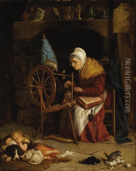 Grandma's Spinning Wheel Oil Painting - Stephen James Ferris