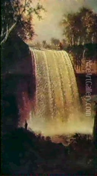Hiawatha Standing Before The Falls Of Minnehaha Oil Painting - Joseph Rusling Meeker
