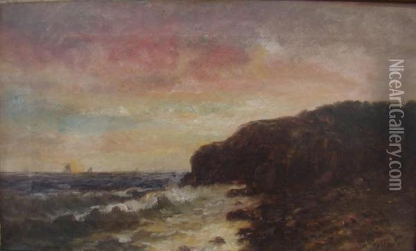 Rocky Seascape At Sunset. Oil Painting - Wesley Webber