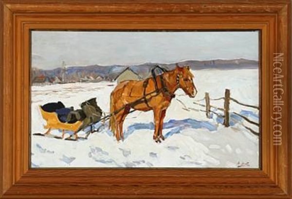 Winter Landscape With A Horse And Sledge Oil Painting - Alfons Konstantinovich Zhaba