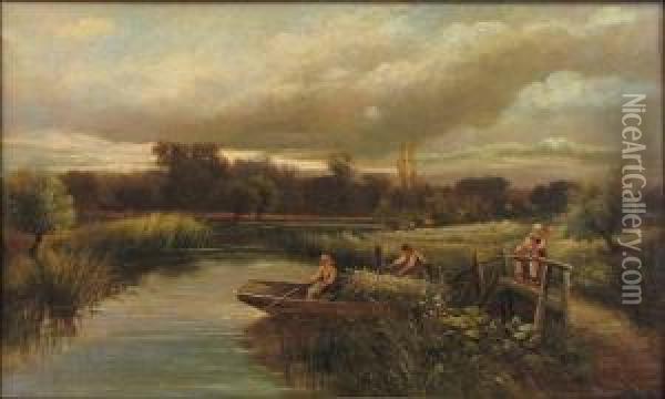 Lakeview With Boat And Figures Oil Painting - John Clayton Adams