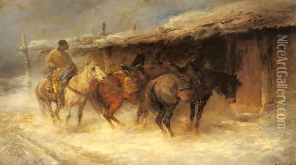 Wallachian Horsemen in the Snow Oil Painting - Emil Rau