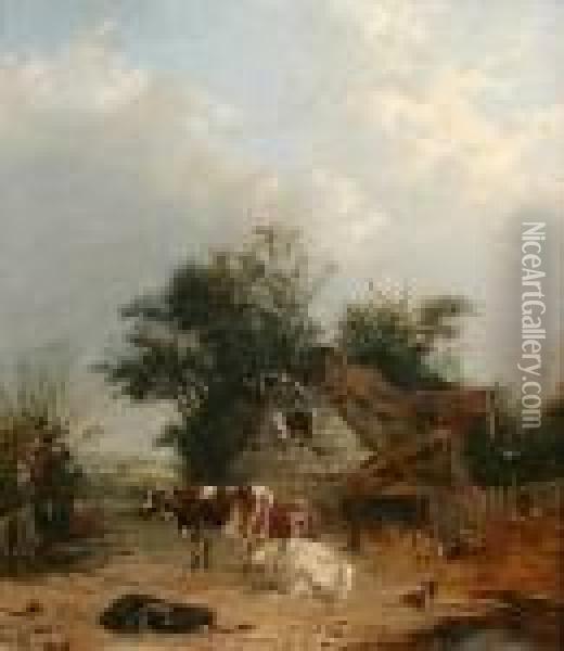 Cows And Hens In A Farmyard Oil Painting - John James Wilson